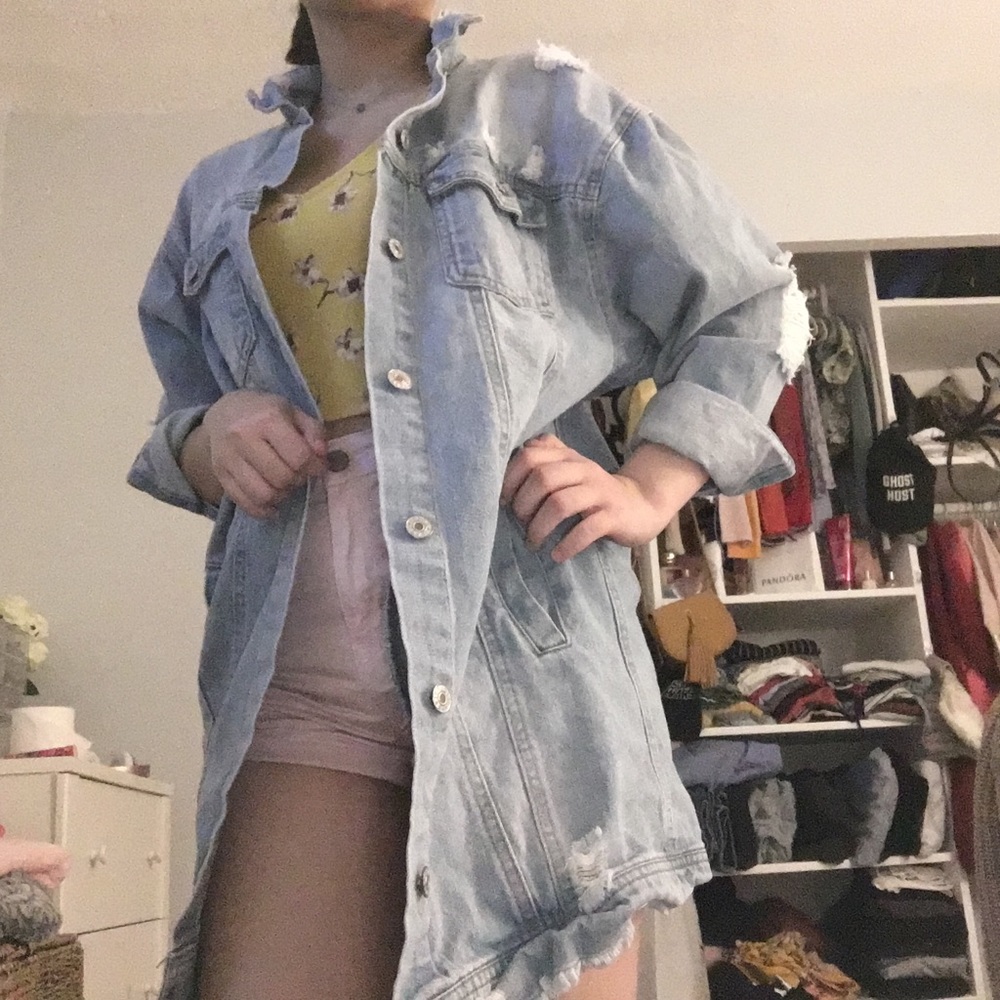 Distressed longline denim jacket